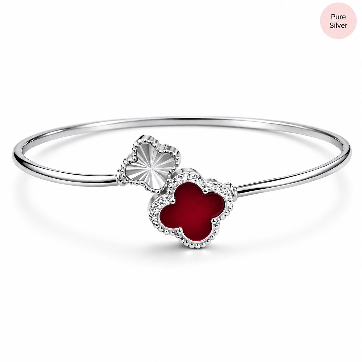 925 Sterling Silver Red Enamel Clover Open Bangle for Women | Adjustable CZ Luxury Kada Bracelet