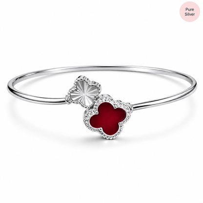 925 Sterling Silver Red Enamel Clover Open Bangle for Women | Adjustable CZ Luxury Kada Bracelet