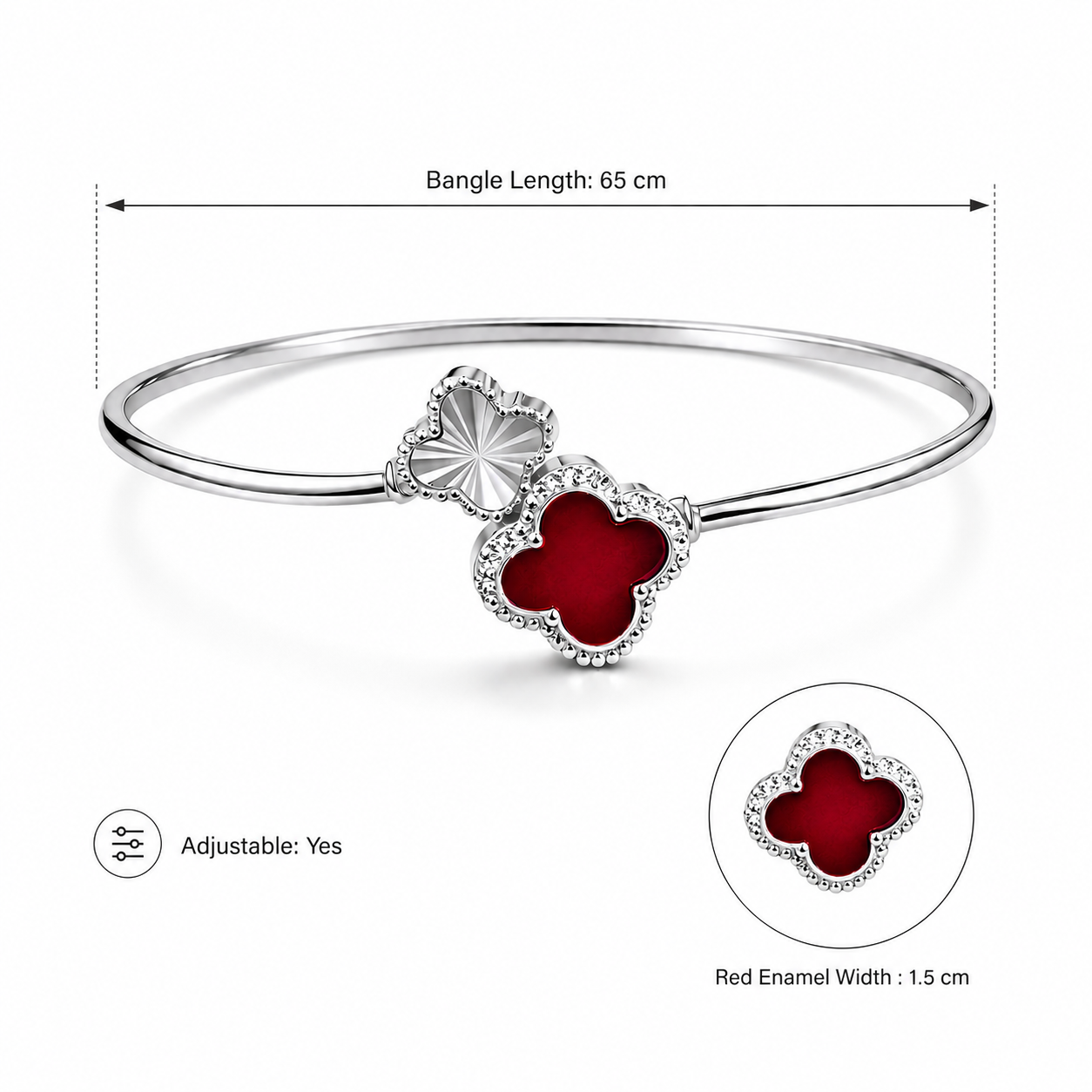 925 Sterling Silver Red Enamel Clover Open Bangle for Women | Adjustable CZ Luxury Kada Bracelet