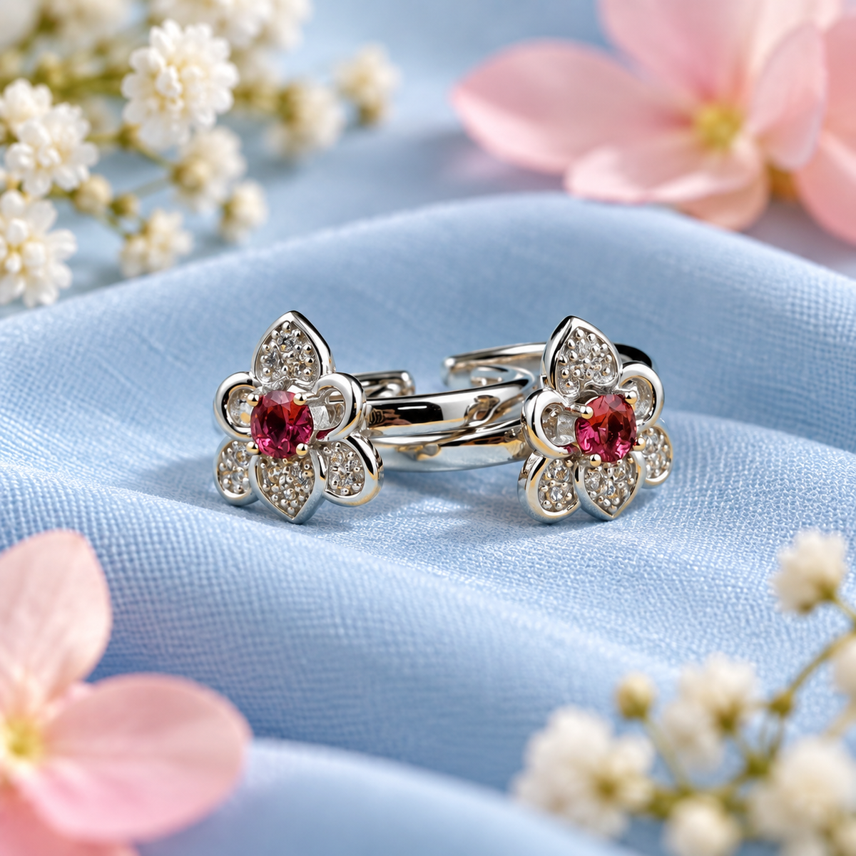 925 Sterling Silver Red Gemstone Floral Toe Ring with CZ Accents