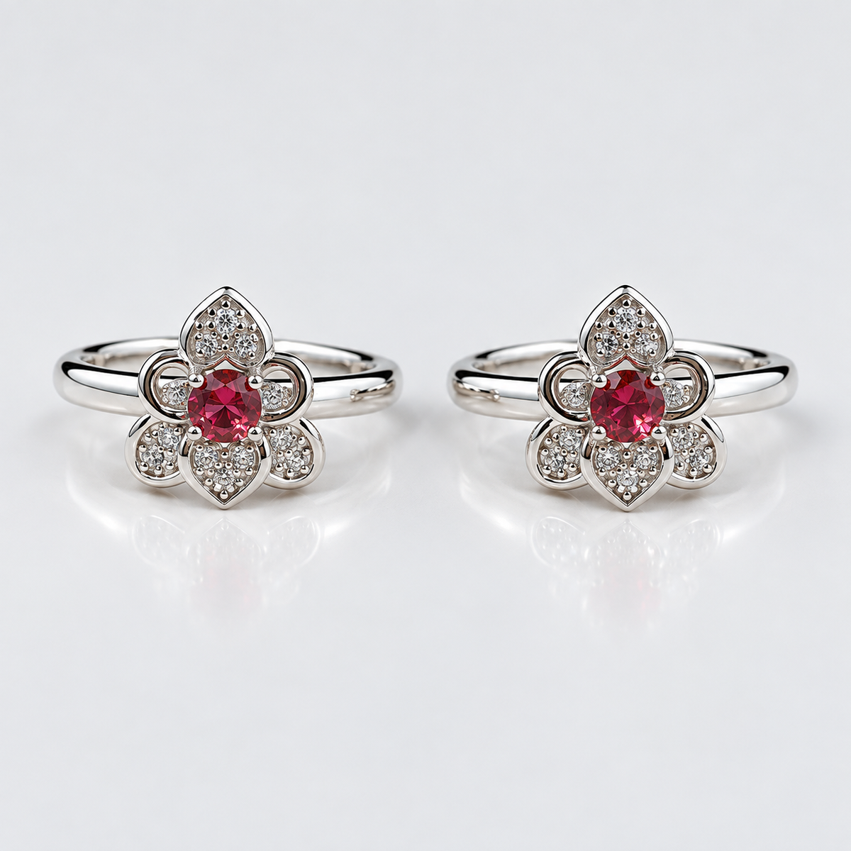 925 Sterling Silver Red Gemstone Floral Toe Ring with CZ Accents