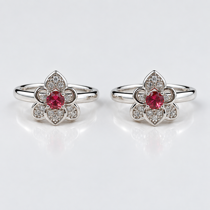 925 Sterling Silver Red Gemstone Floral Toe Ring with CZ Accents