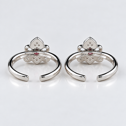 925 Sterling Silver Red Gemstone Floral Toe Ring with CZ Accents
