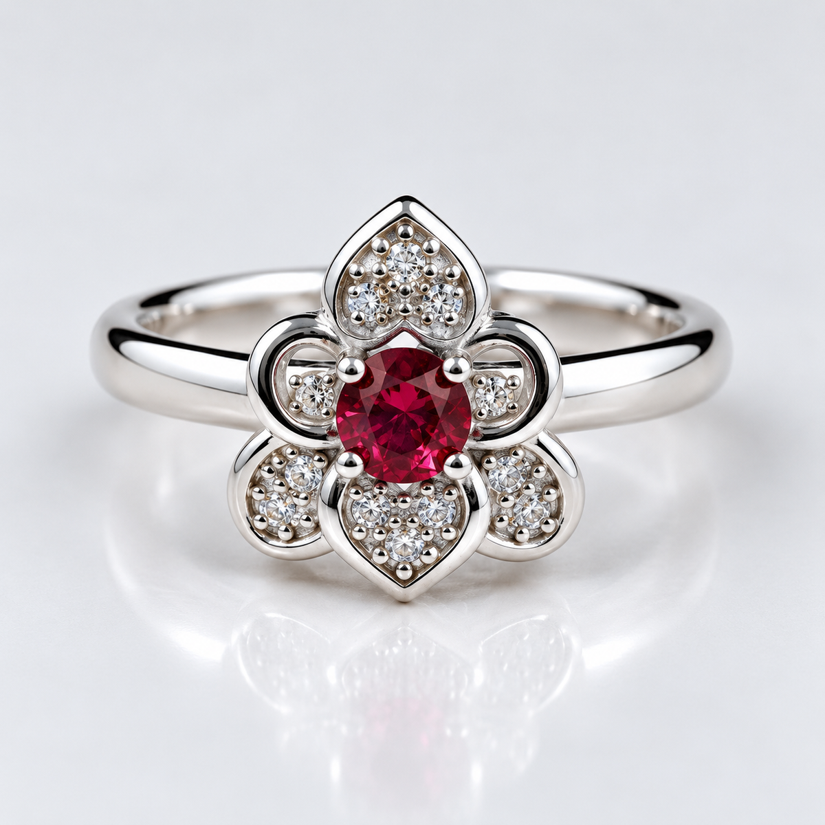 925 Sterling Silver Red Gemstone Floral Toe Ring with CZ Accents