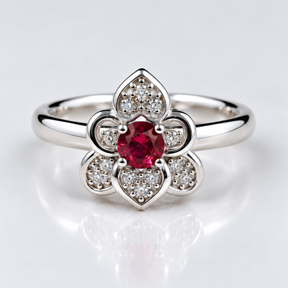 925 Sterling Silver Red Gemstone Floral Toe Ring with CZ Accents