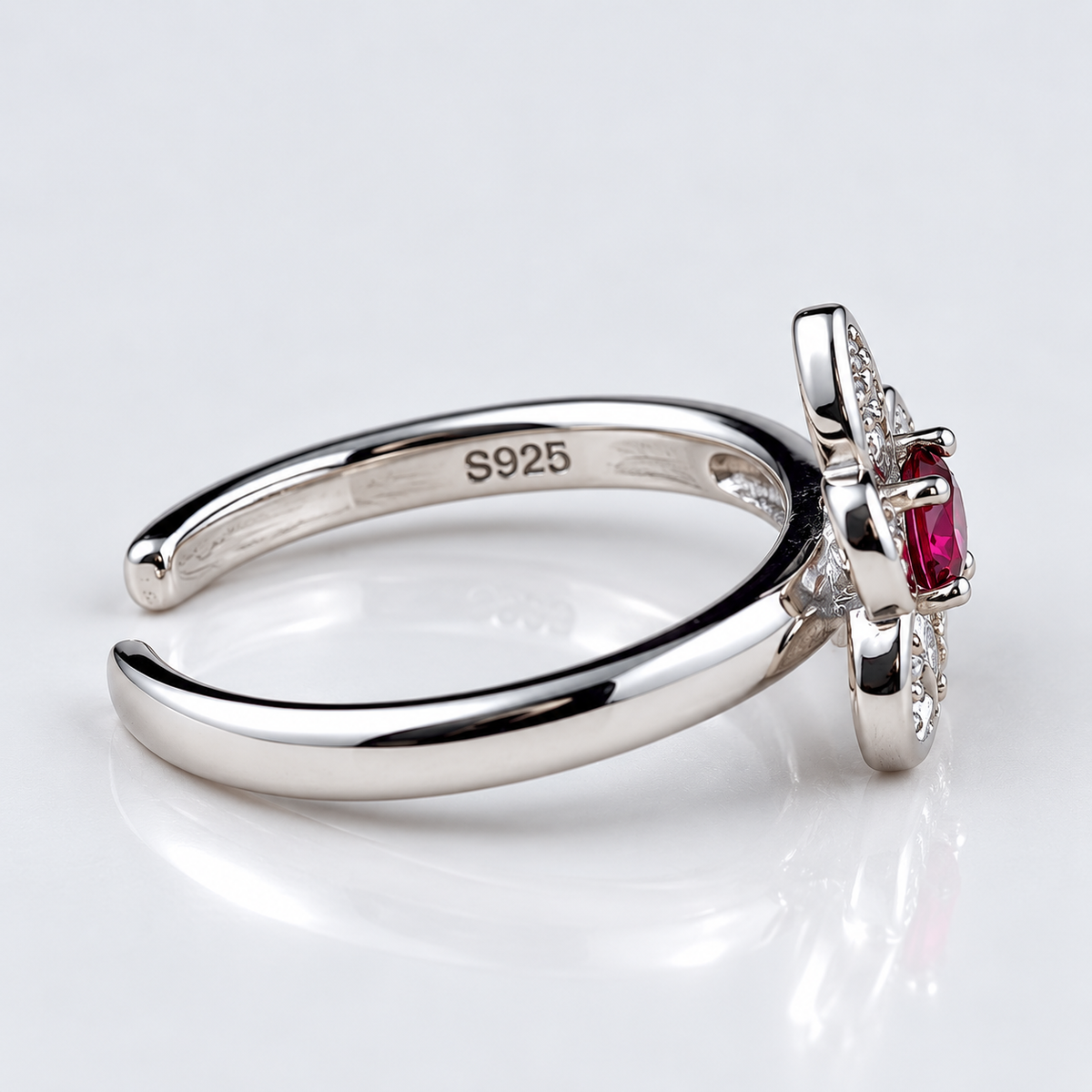 925 Sterling Silver Red Gemstone Floral Toe Ring with CZ Accents