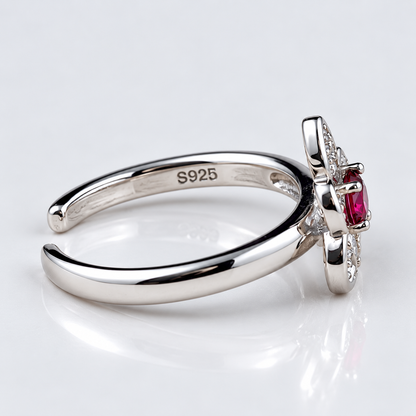 925 Sterling Silver Red Gemstone Floral Toe Ring with CZ Accents
