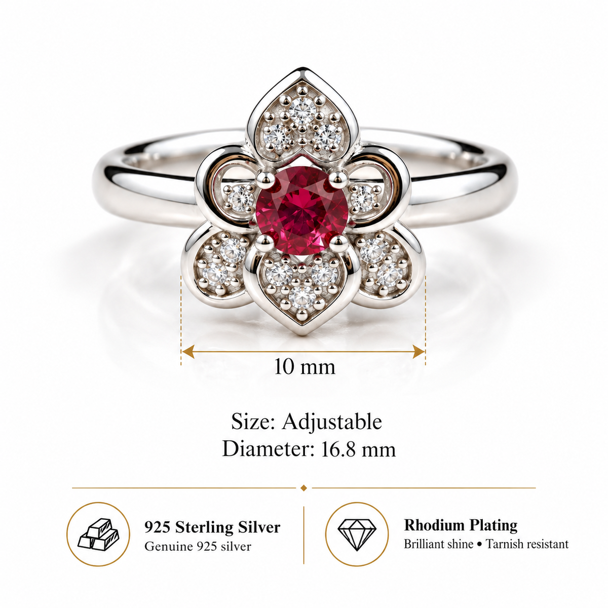 925 Sterling Silver Red Gemstone Floral Toe Ring with CZ Accents
