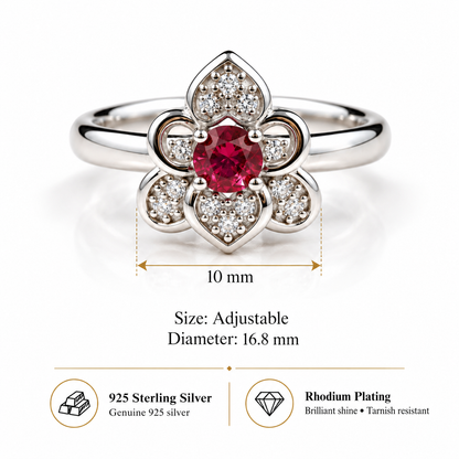 925 Sterling Silver Red Gemstone Floral Toe Ring with CZ Accents