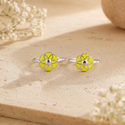 925 Sterling Silver Yellow Enamel Floral Adjustable Toe Rings for Women | Summer Foot Jewelry