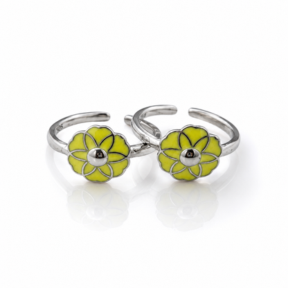 925 Sterling Silver Yellow Enamel Floral Adjustable Toe Rings for Women | Summer Foot Jewelry