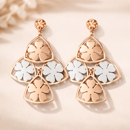 Dual Tone Floral Clover Drop – Rose Gold & Silver Statement Earrings | Elegant Lightweight Design - Arshia Creations