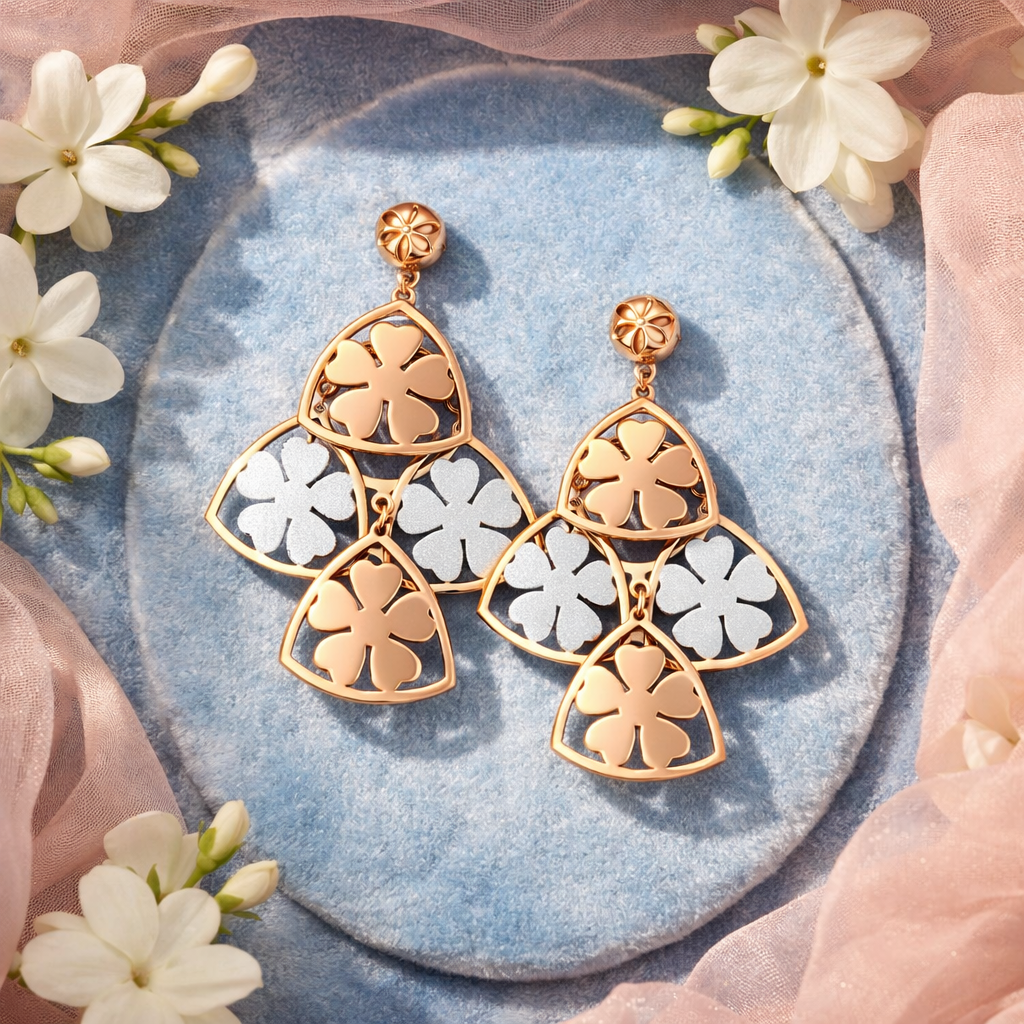 Dual Tone Floral Clover Drop – Rose Gold & Silver Statement Earrings | Elegant Lightweight Design - Arshia Creations