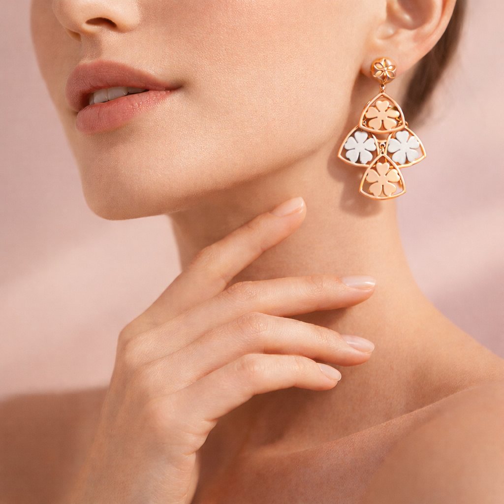 Dual Tone Floral Clover Drop – Rose Gold & Silver Statement Earrings | Elegant Lightweight Design - Arshia Creations