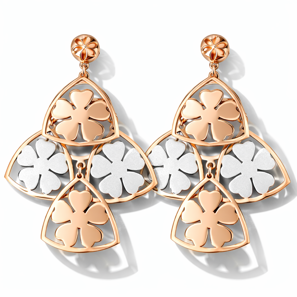 Dual Tone Floral Clover Drop – Rose Gold & Silver Statement Earrings | Elegant Lightweight Design - Arshia Creations