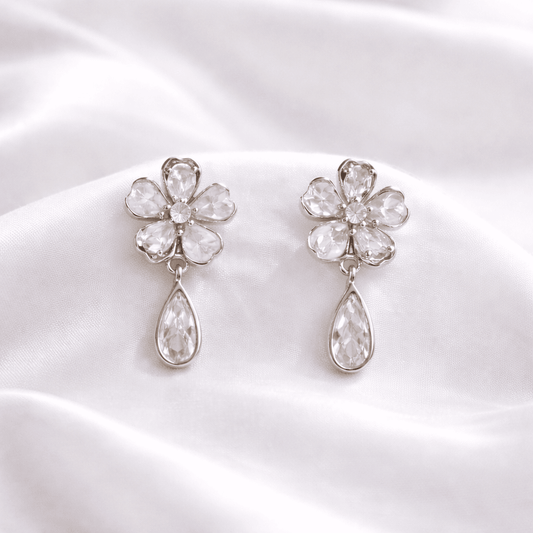 925 Sterling Silver Elegant Flower Teardrop Dangle Earrings