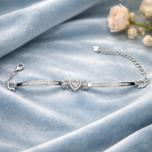 Elegant Heart Adjustable Sterling Silver Bracelet with Cubic Zirconia - Arshia Creations