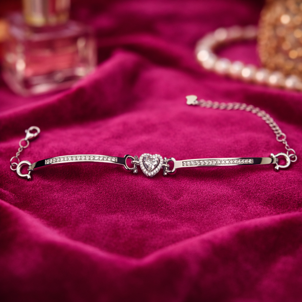 Elegant Heart Adjustable Sterling Silver Bracelet with Cubic Zirconia - Arshia Creations