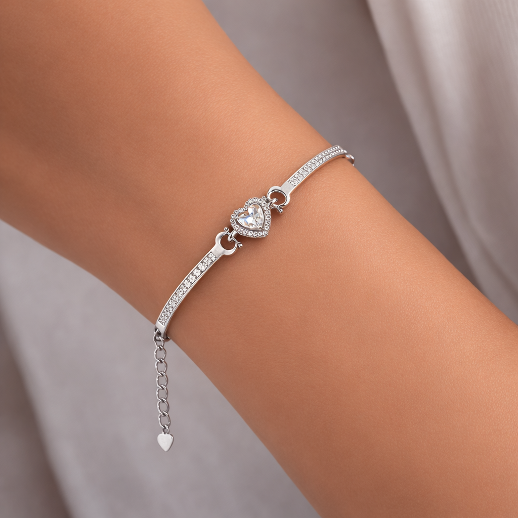 Elegant Heart Adjustable Sterling Silver Bracelet with Cubic Zirconia - Arshia Creations