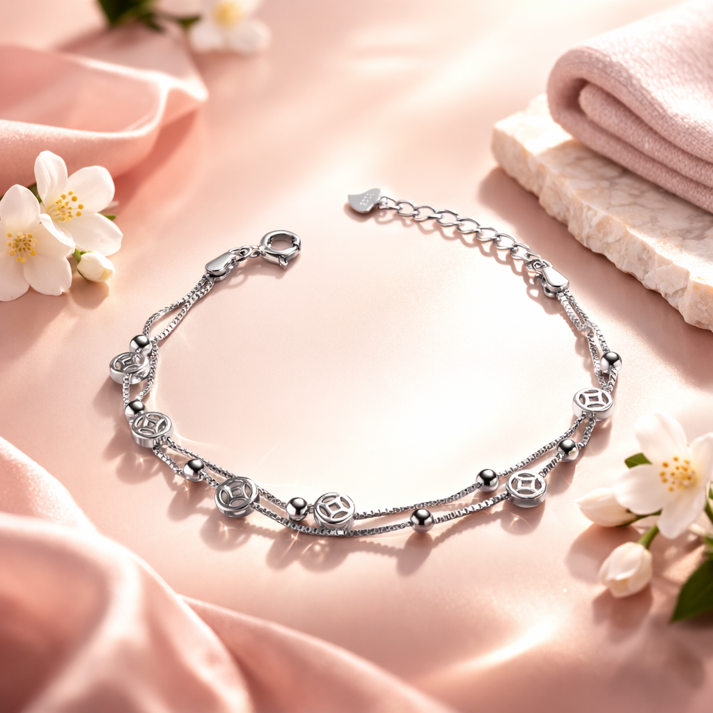 Elegant Silver Double Chain Charm Adjustable Bracelet - Arshia Creations