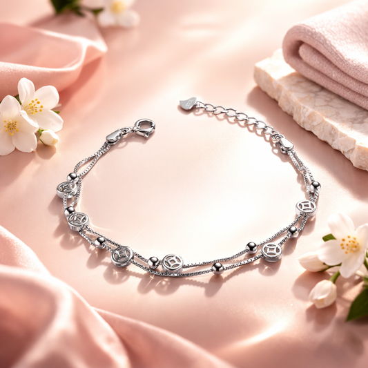 Elegant Silver Double Chain Charm Adjustable Bracelet - Arshia Creations