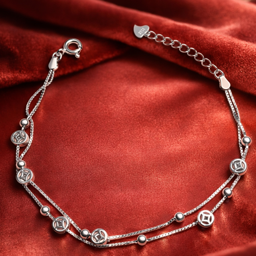 Elegant Silver Double Chain Charm Adjustable Bracelet - Arshia Creations