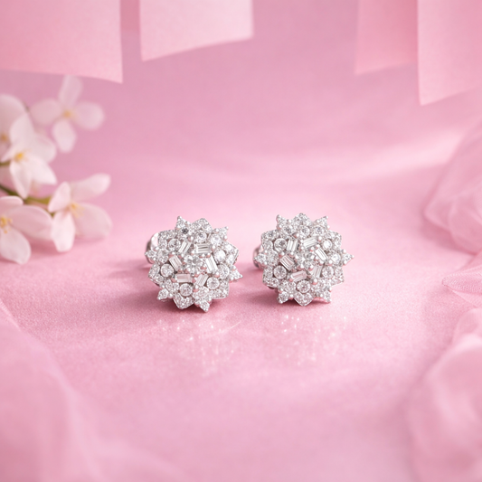 Elegant Silver Floral Cluster Stud Earrings with Cubic Zirconia | Luxury Design - Arshia Creations