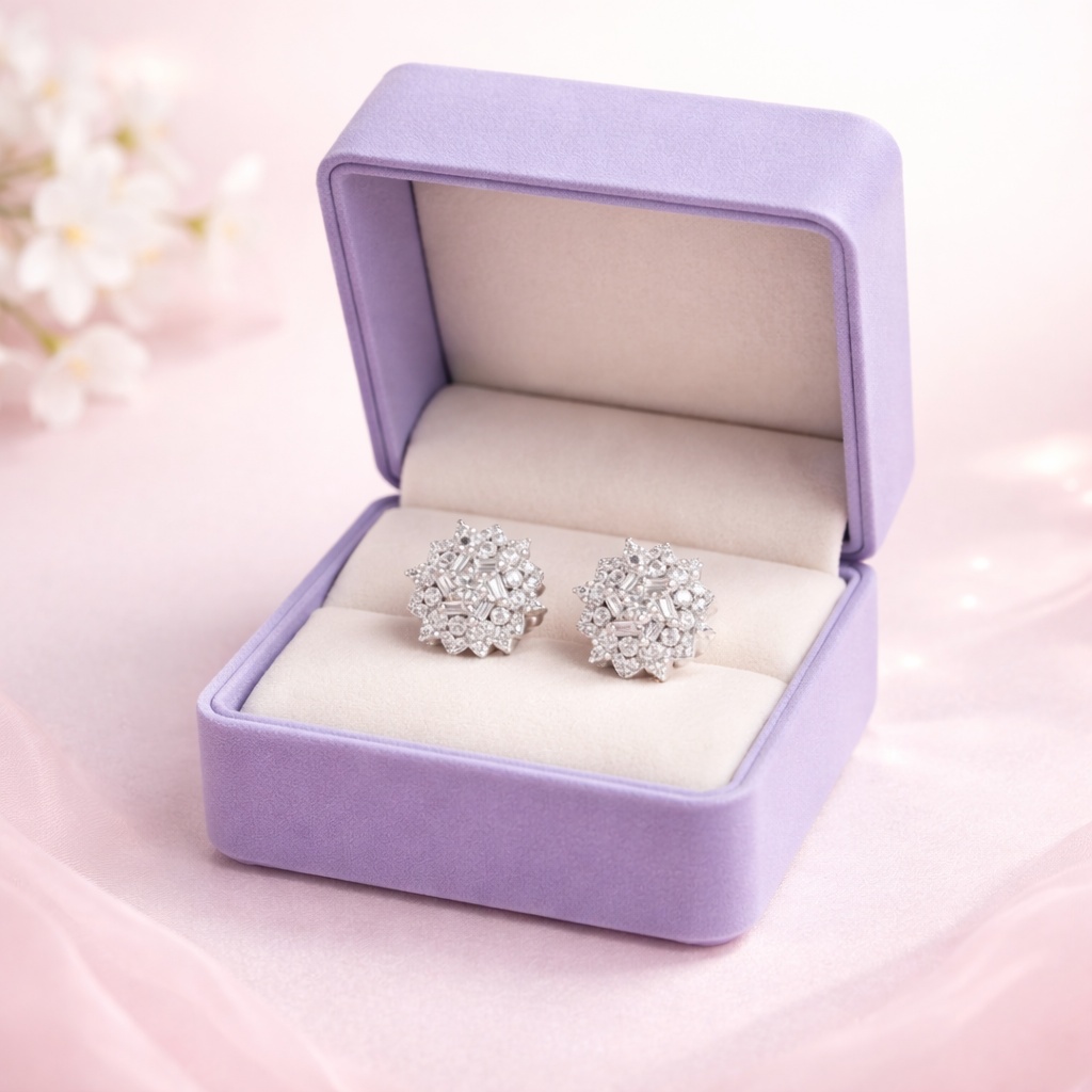 Elegant Silver Floral Cluster Stud Earrings with Cubic Zirconia | Luxury Design - Arshia Creations