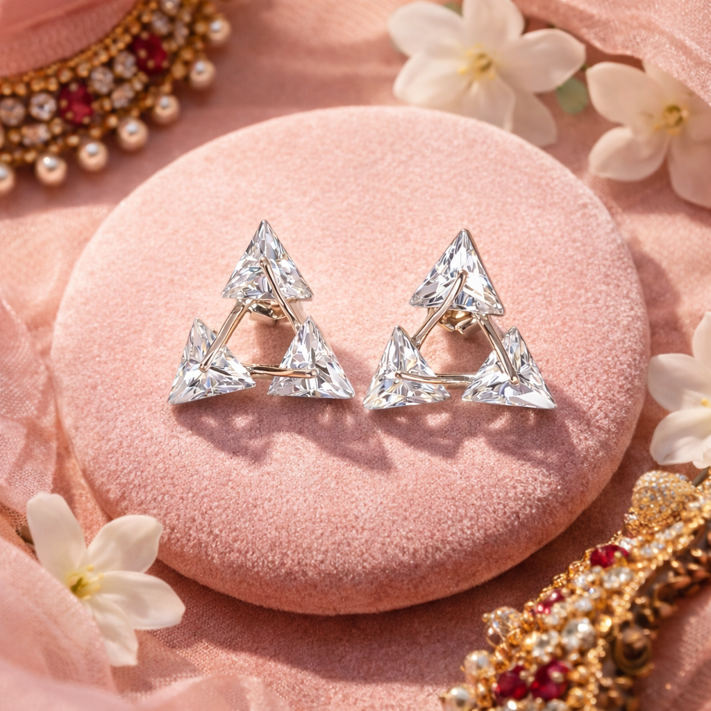 Elegant Silver Triple Triangle Stud - Geometric Zirconia Minimalist Earrings - Arshia Creations