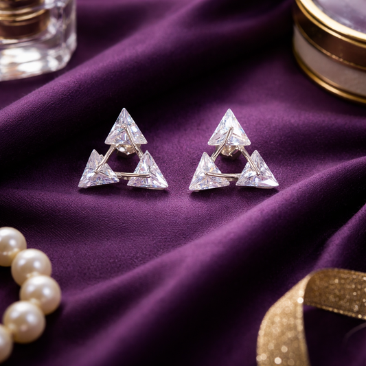 Elegant Silver Triple Triangle Stud - Geometric Zirconia Minimalist Earrings - Arshia Creations