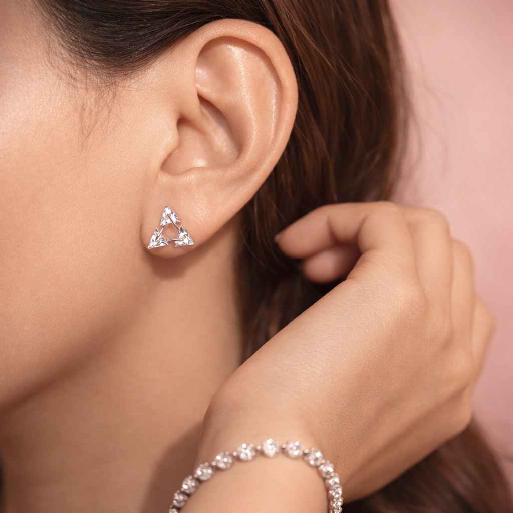 Elegant Silver Triple Triangle Stud - Geometric Zirconia Minimalist Earrings - Arshia Creations
