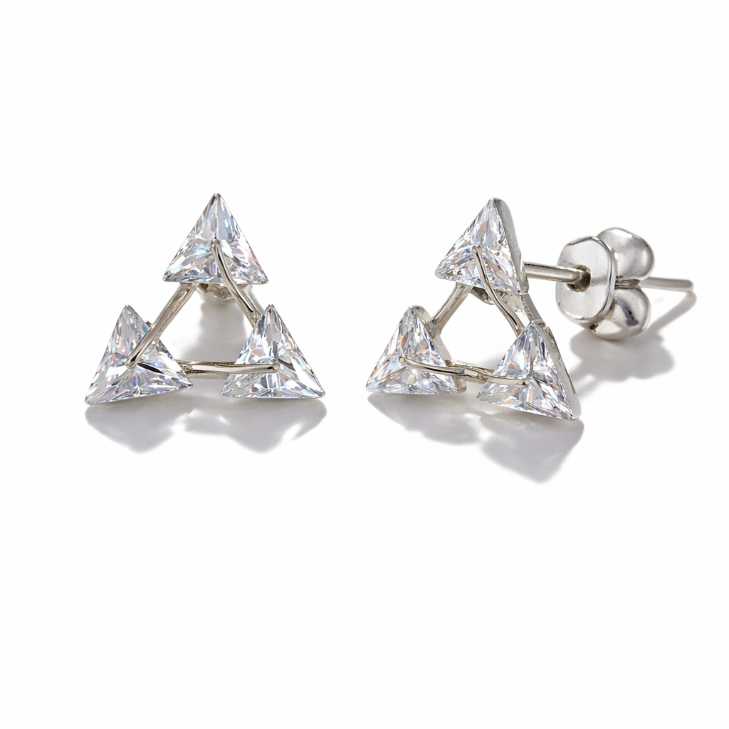 Elegant Silver Triple Triangle Stud - Geometric Zirconia Minimalist Earrings - Arshia Creations