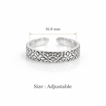 Oxidized Sterling Silver Floral Toe Rings for Women – Adjustable Vintage Flower Pattern Boho Foot Jewelry - Arshia Creations