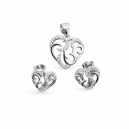925 Sterling Silver Heart Pendant with Stud Earrings