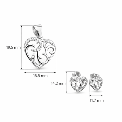 925 Sterling Silver Heart Pendant with Stud Earrings