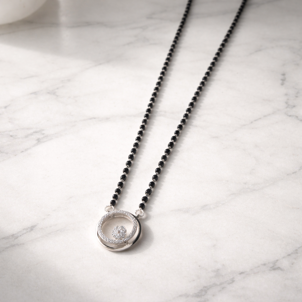 Premium Silver Mangalsutra Necklace with Black Beads & CZ Circular Pendant | Daily Wear Jewelry for Women - Arshia Creations