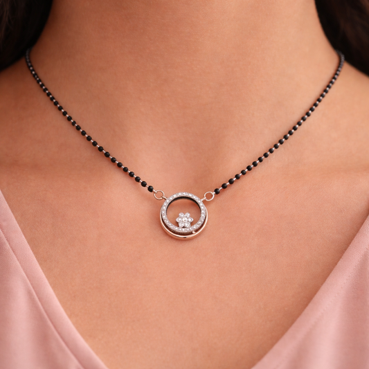 Premium Silver Mangalsutra Necklace with Black Beads & CZ Circular Pendant | Daily Wear Jewelry for Women - Arshia Creations