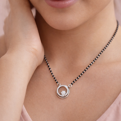 Premium Silver Mangalsutra Necklace with Black Beads & CZ Circular Pendant | Daily Wear Jewelry for Women - Arshia Creations