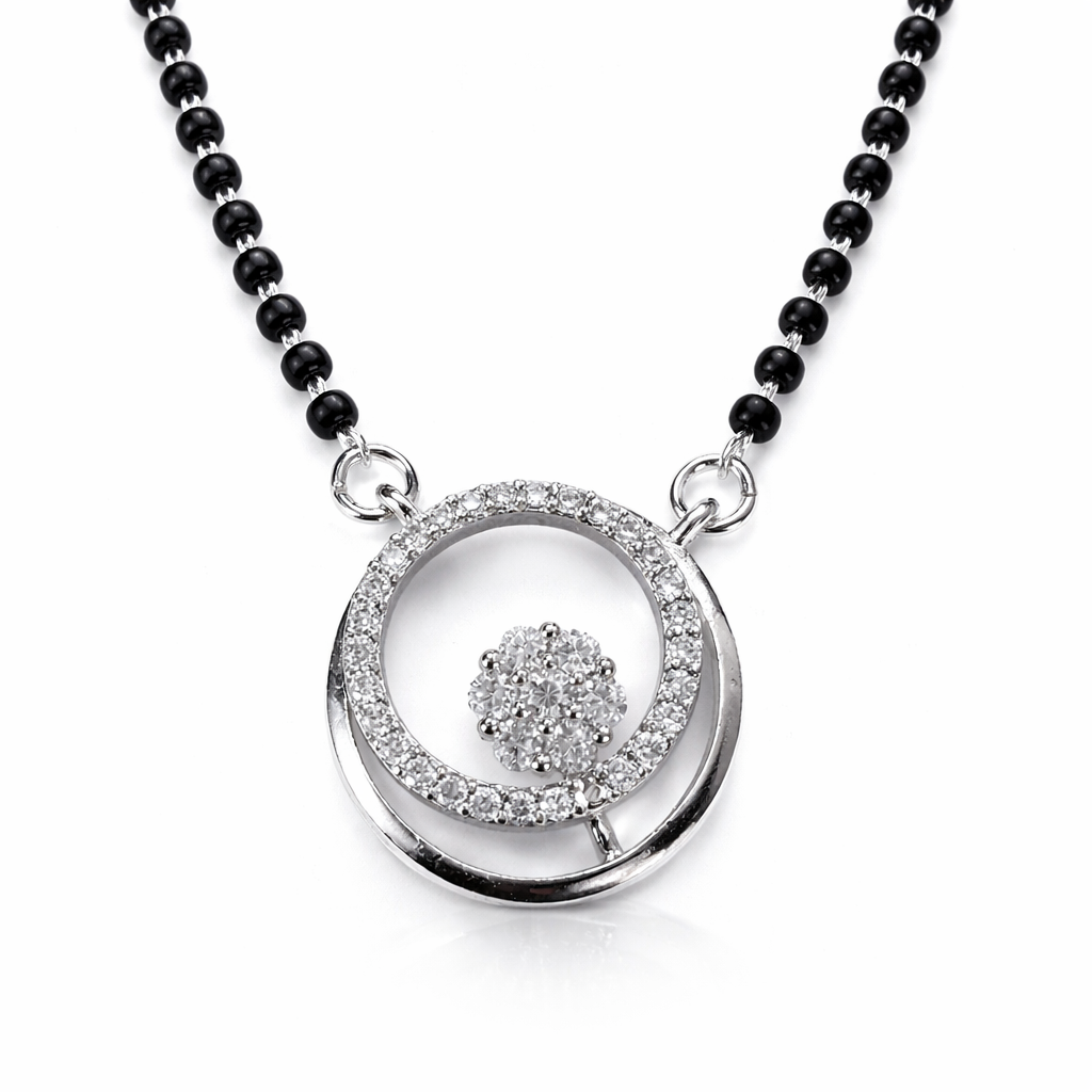 Premium Silver Mangalsutra Necklace with Black Beads & CZ Circular Pendant | Daily Wear Jewelry for Women - Arshia Creations