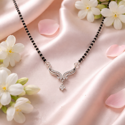 Premium Silver Mangalsutra Necklace with Black Beads & CZ Stone Pendant | Elegant Minimal Bridal Jewellery - Arshia Creations