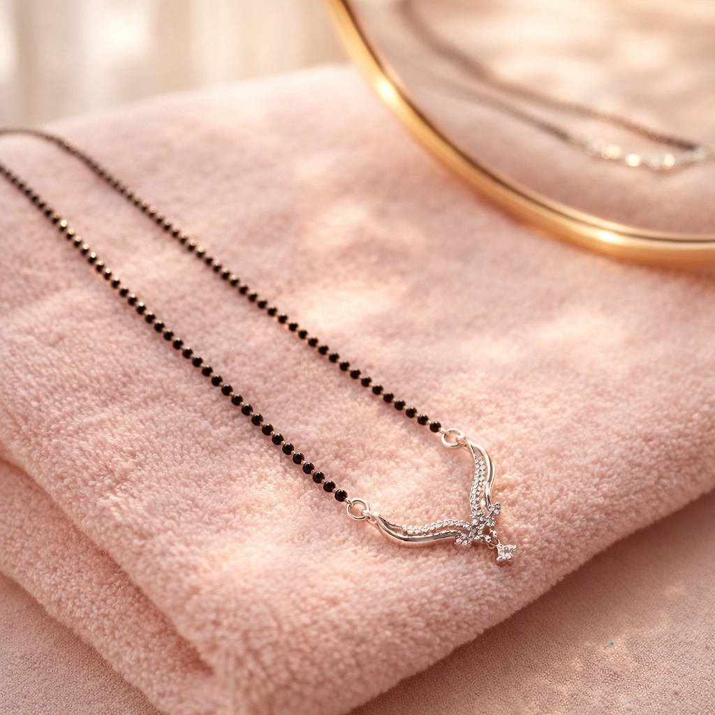 Premium Silver Mangalsutra Necklace with Black Beads & CZ Stone Pendant | Elegant Minimal Bridal Jewellery - Arshia Creations
