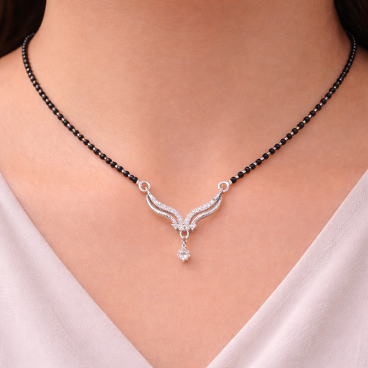 Premium Silver Mangalsutra Necklace with Black Beads & CZ Stone Pendant | Elegant Minimal Bridal Jewellery - Arshia Creations