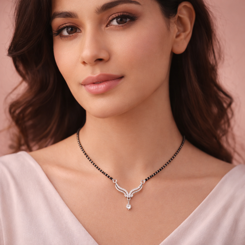 Premium Silver Mangalsutra Necklace with Black Beads & CZ Stone Pendant | Elegant Minimal Bridal Jewellery - Arshia Creations