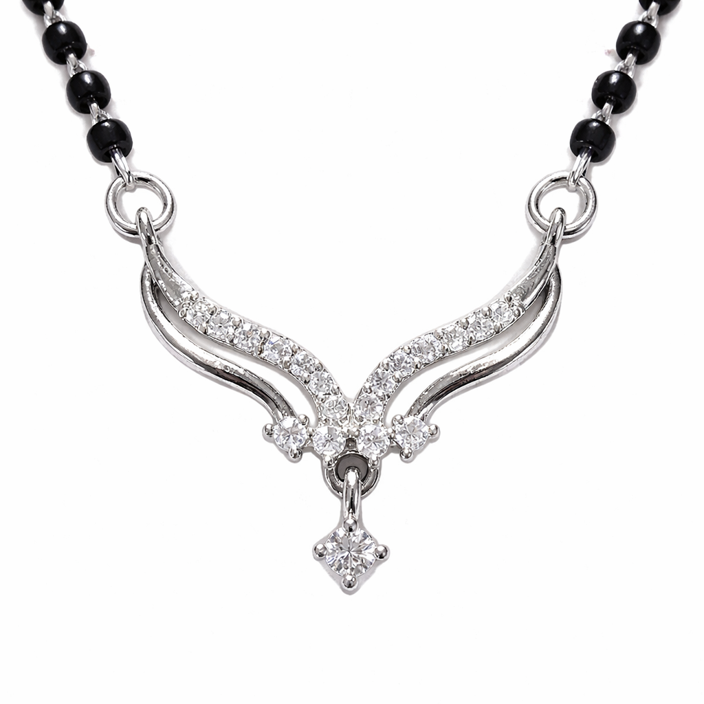 Premium Silver Mangalsutra Necklace with Black Beads & CZ Stone Pendant | Elegant Minimal Bridal Jewellery - Arshia Creations