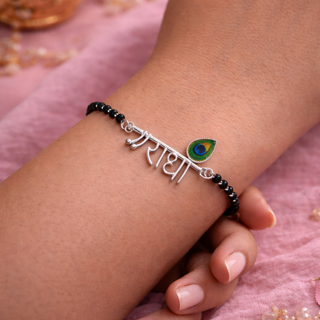 Radha Name Black Bead Bracelet | Silver Finish Spiritual Bracelet - Arshia Creations