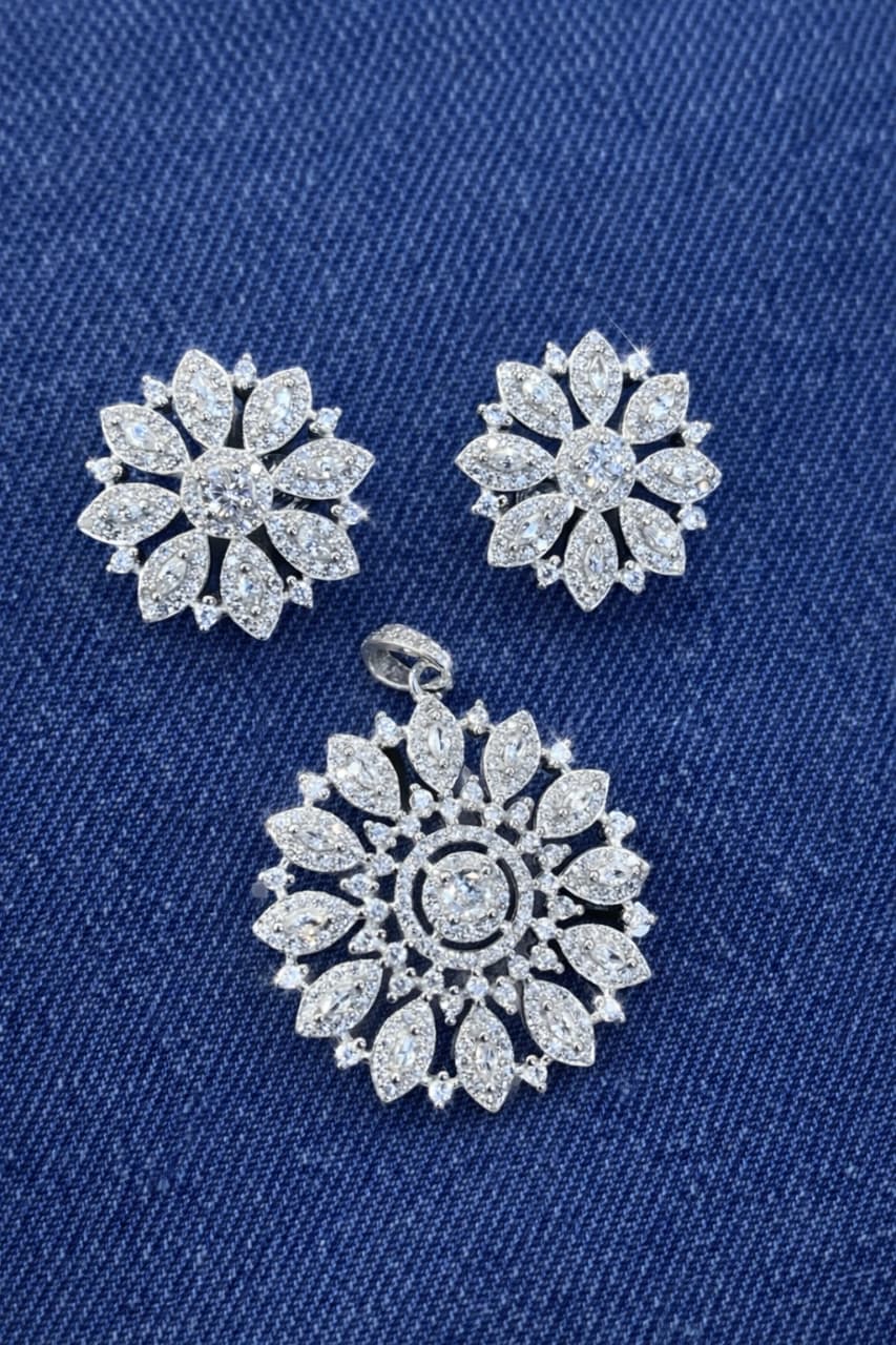 Rhodium Plated Silver Floral CZ Pendant Set with Earrings - Arshia Creations