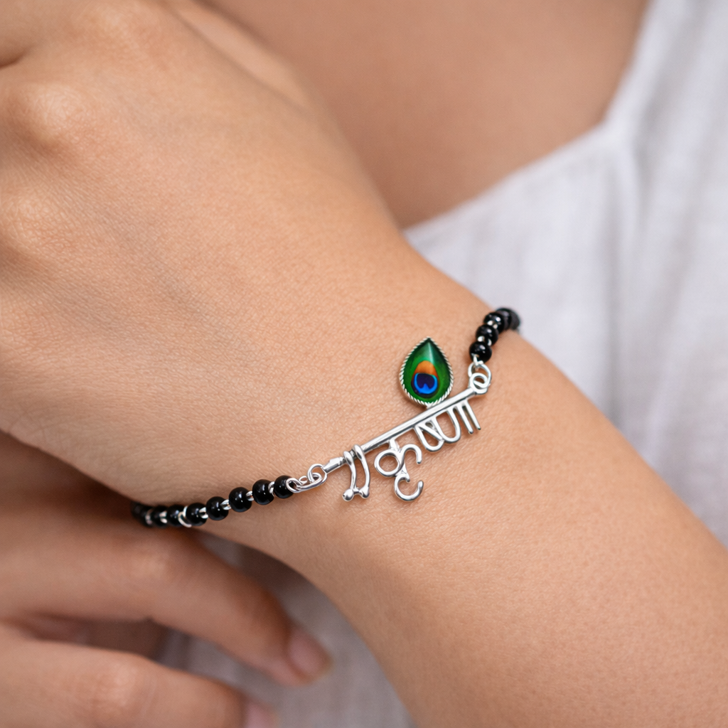Shri Krishna Silver Bracelet with Black Beads | Spiritual Adjustable Bracelet - Arshia Creations