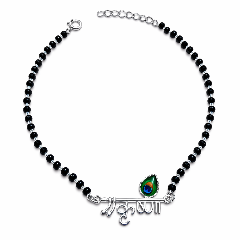 Shri Krishna Silver Bracelet with Black Beads | Spiritual Adjustable Bracelet - Arshia Creations