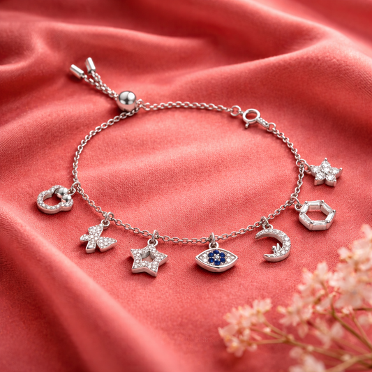 Silver Multi-Charm – Adjustable Star, Moon & Clover Charm Bracelet with Blue CZ Stones - Arshia Creations