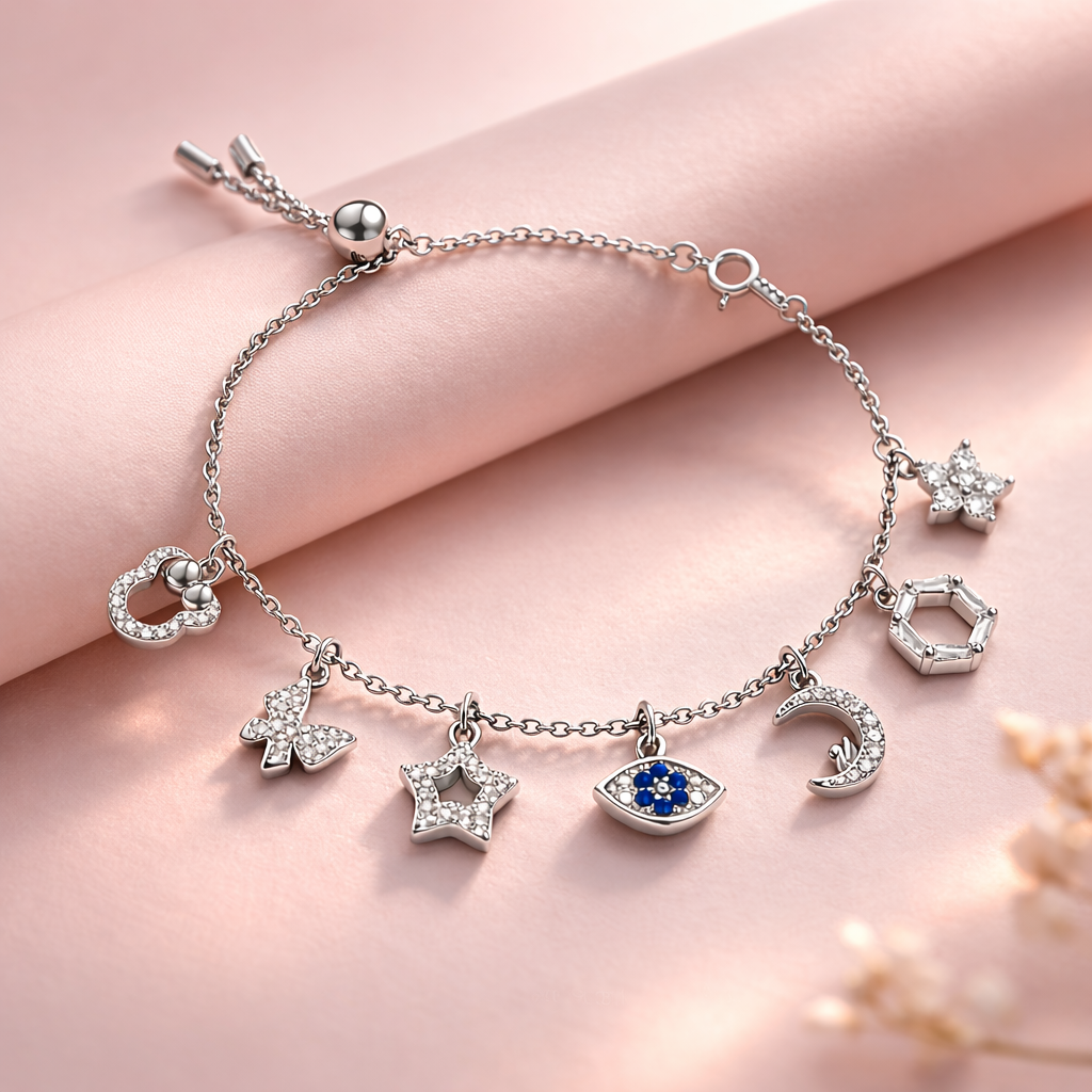 Silver Multi-Charm – Adjustable Star, Moon & Clover Charm Bracelet with Blue CZ Stones - Arshia Creations